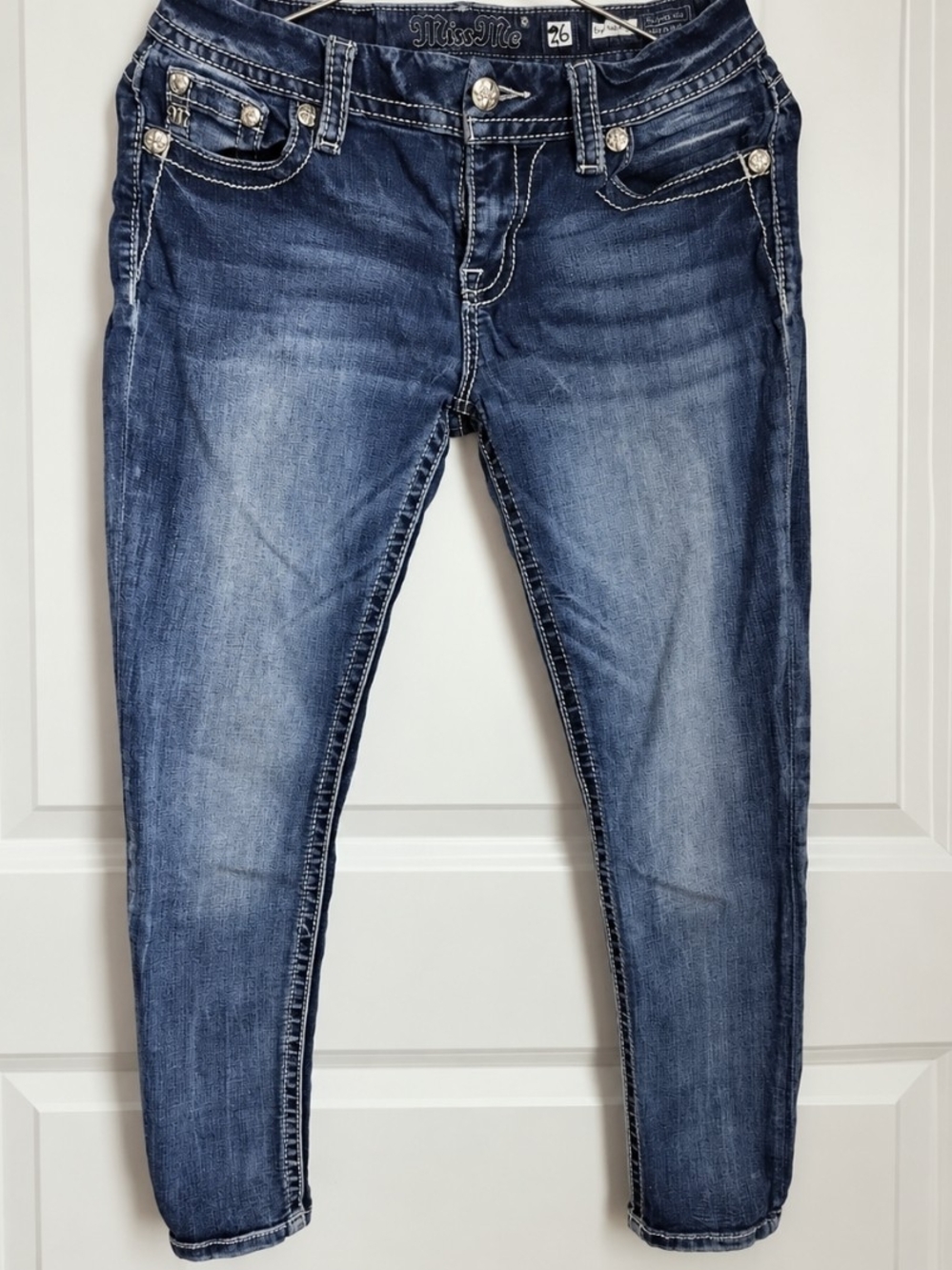 Miss Me Easy Ankle Jeans Women's 26 Rhinestone Flap Pocket Skinny Denim